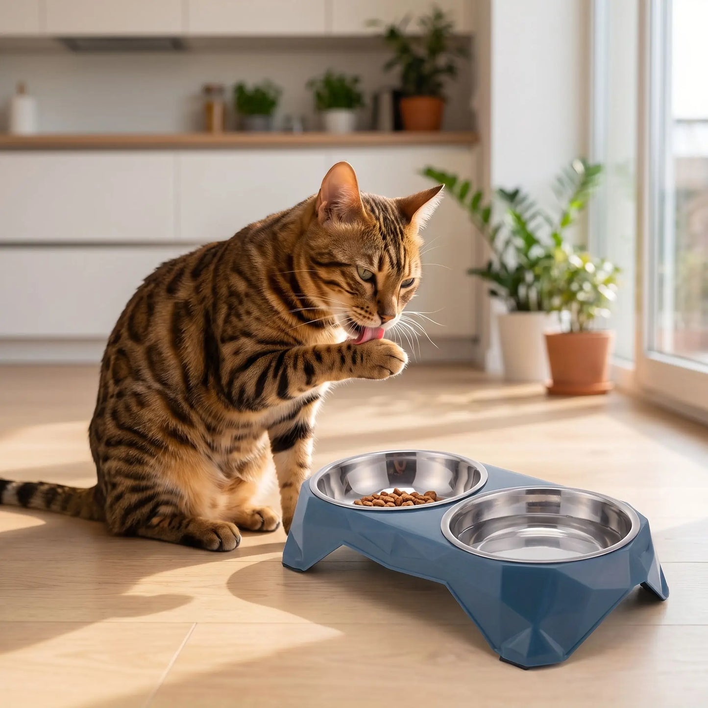 Gamelles pour chats bleues devant chat bengal léchant sa patte