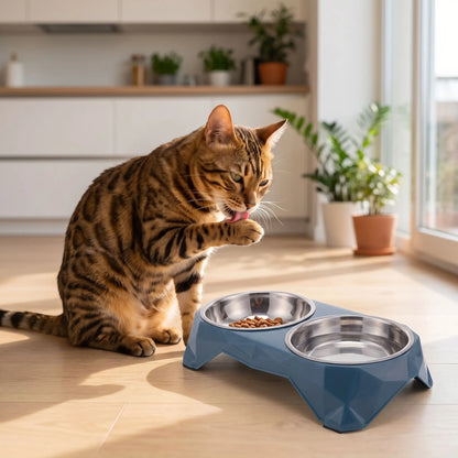 Gamelles pour chats bleues devant chat bengal léchant sa patte