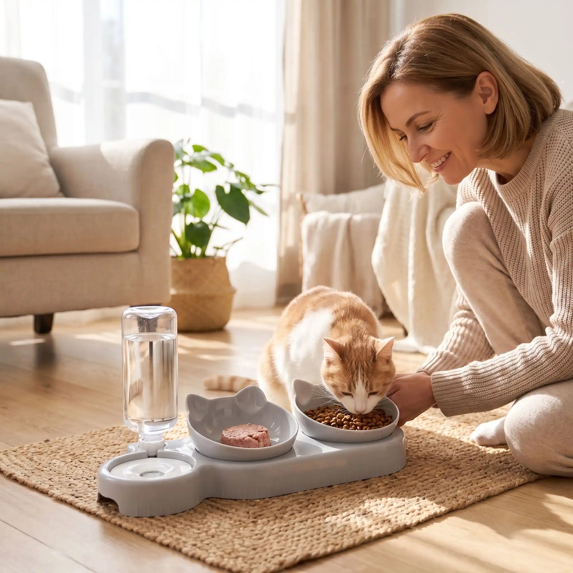 Gamelles pour chats grises chat mange femme attentionnée