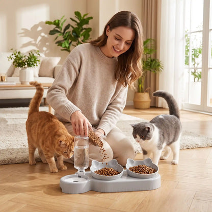 Gamelles pour chats grises femme servant croquettes aux chats