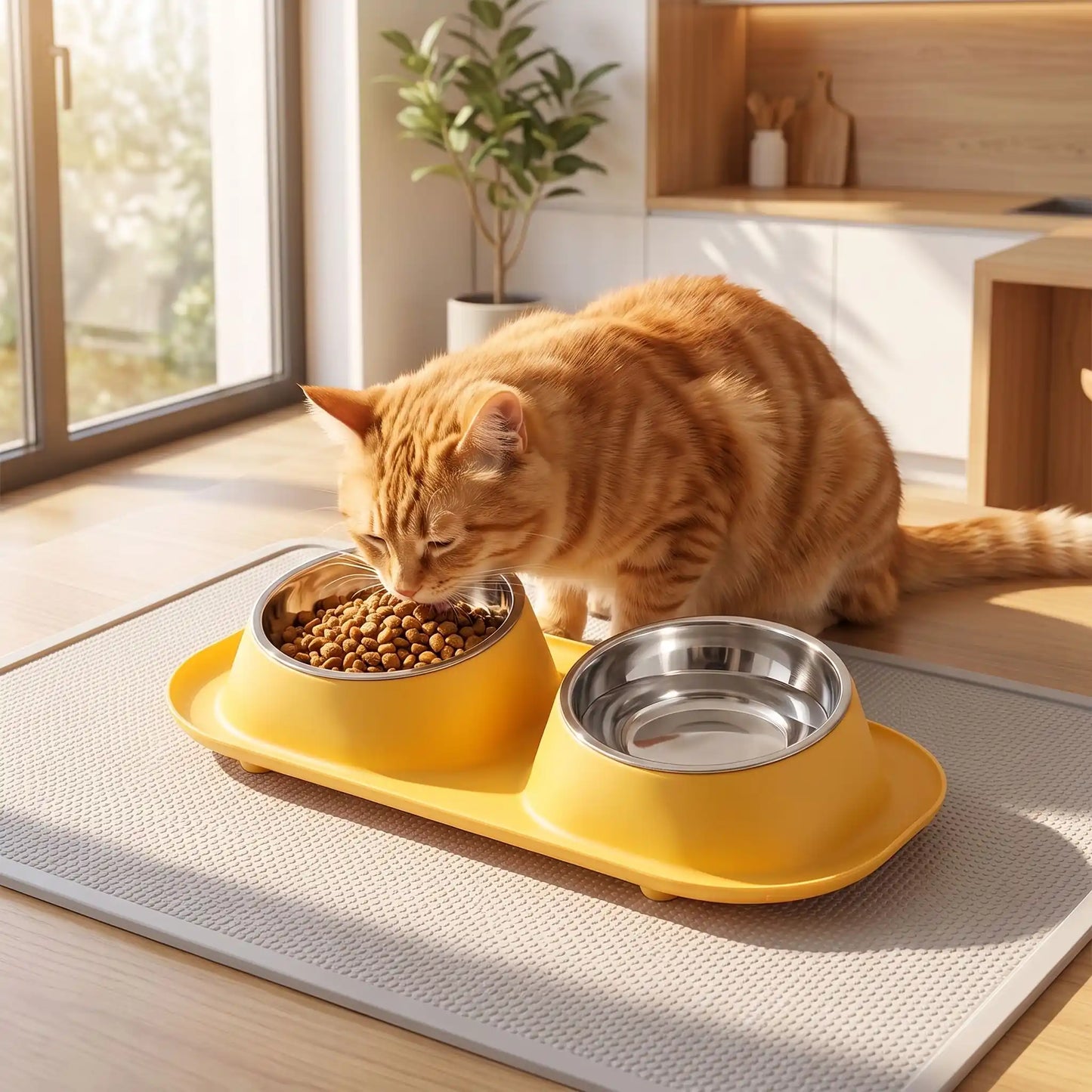 Gamelles pour chats jaunes chat roux mange croquettes