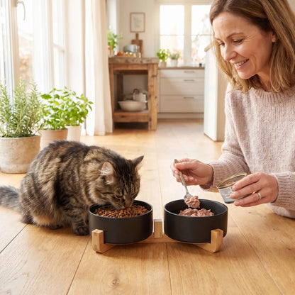 Gamelles pour chats noires chat mange femme servant pâtée