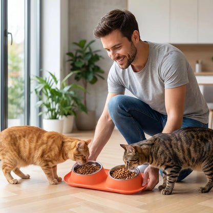 Gamelles pour chats oranges homme heureux deux chats mangent