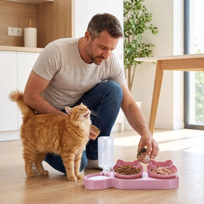 Gamelles pour chats roses homme donne repas au chat