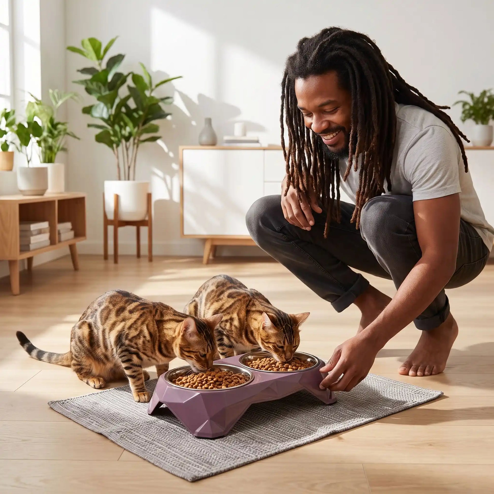 Gamelles pour chats violettes deux bengals mangent homme souriant