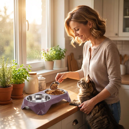Gamelles pour chats violettes femme servant croquettes chat impatient