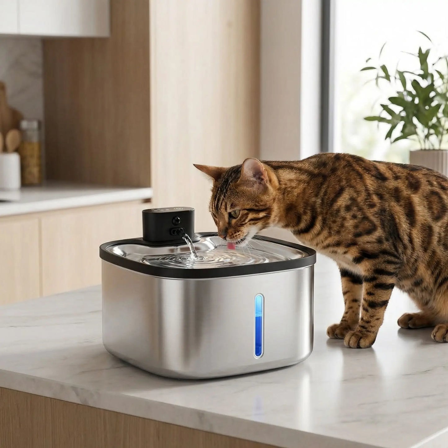 bengal buvant dans fontaine a eau chat sans fil