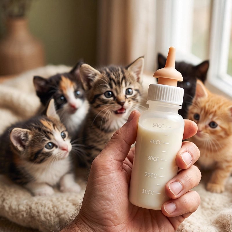 Biberon pour chaton avec lait en main chatons impatients
