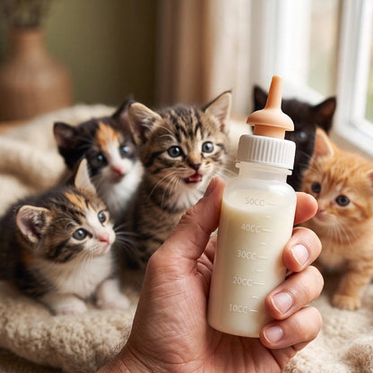 Biberon pour chaton avec lait en main chatons impatients