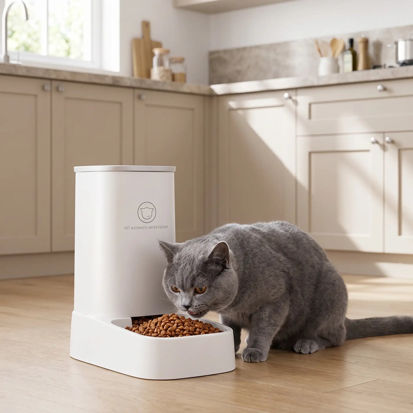 british shorthair mange dans distributeur de croquettes chat