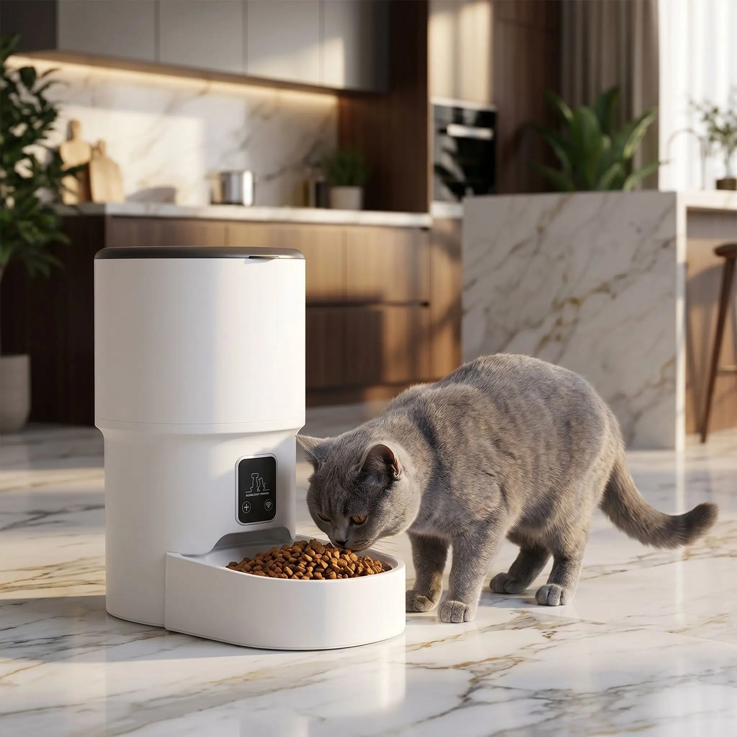 british shorthair mangeant dans distributeur de croquettes automatique