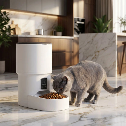 british shorthair mangeant dans distributeur de croquettes automatique