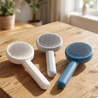 Brosse à chat blanche grise bleue table bois