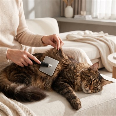 Brosse chat maine coon femme soulève fourrure brosse flanc