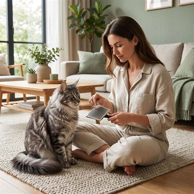 Brosse chat maine coon femme tient brosse chat assis