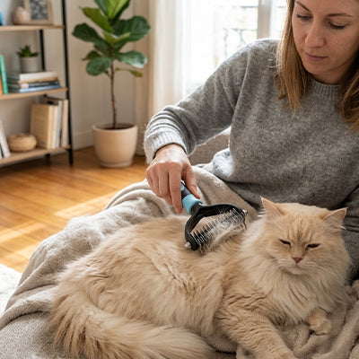 Brosse chat poil long noeud bleue femme chat crème plaid
