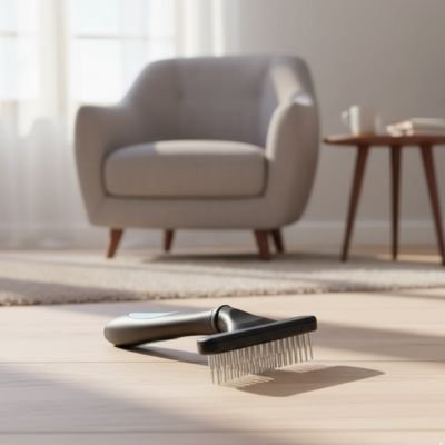Brosse chat sous poil bleue posée sol salon