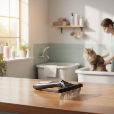 Brosse chat sous poil rose posée table