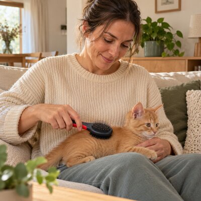 Brosse chaton femme brosse dos chaton allongé genoux