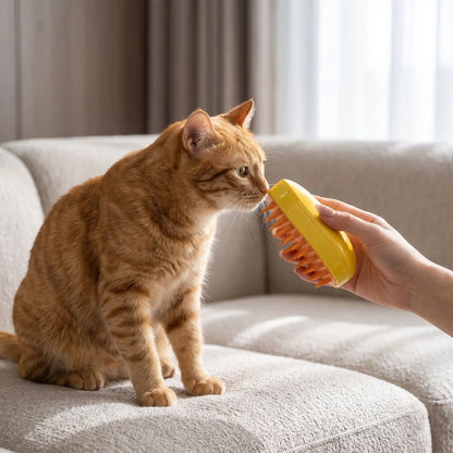 Brosse vapeur chat jaune chat renifle brosse