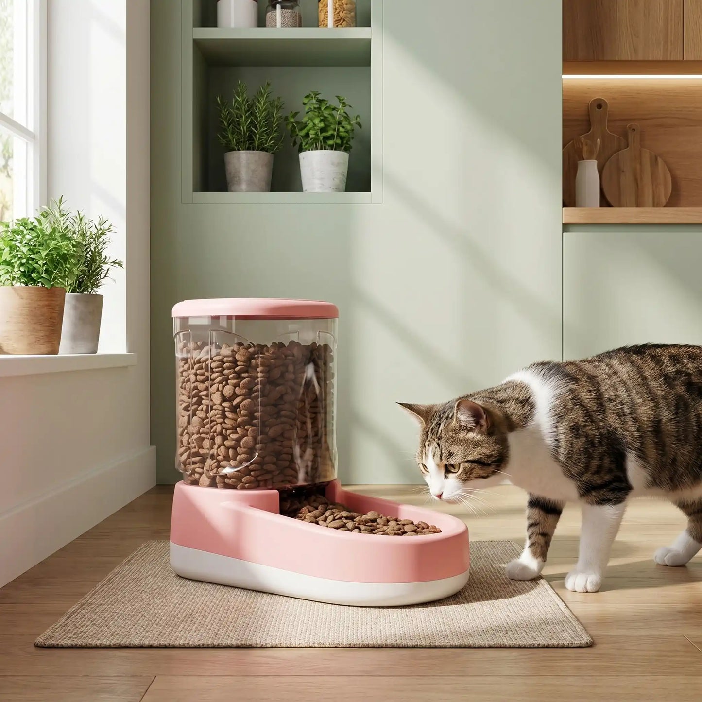 chat approchant distributeur croquettes pour chat rose
