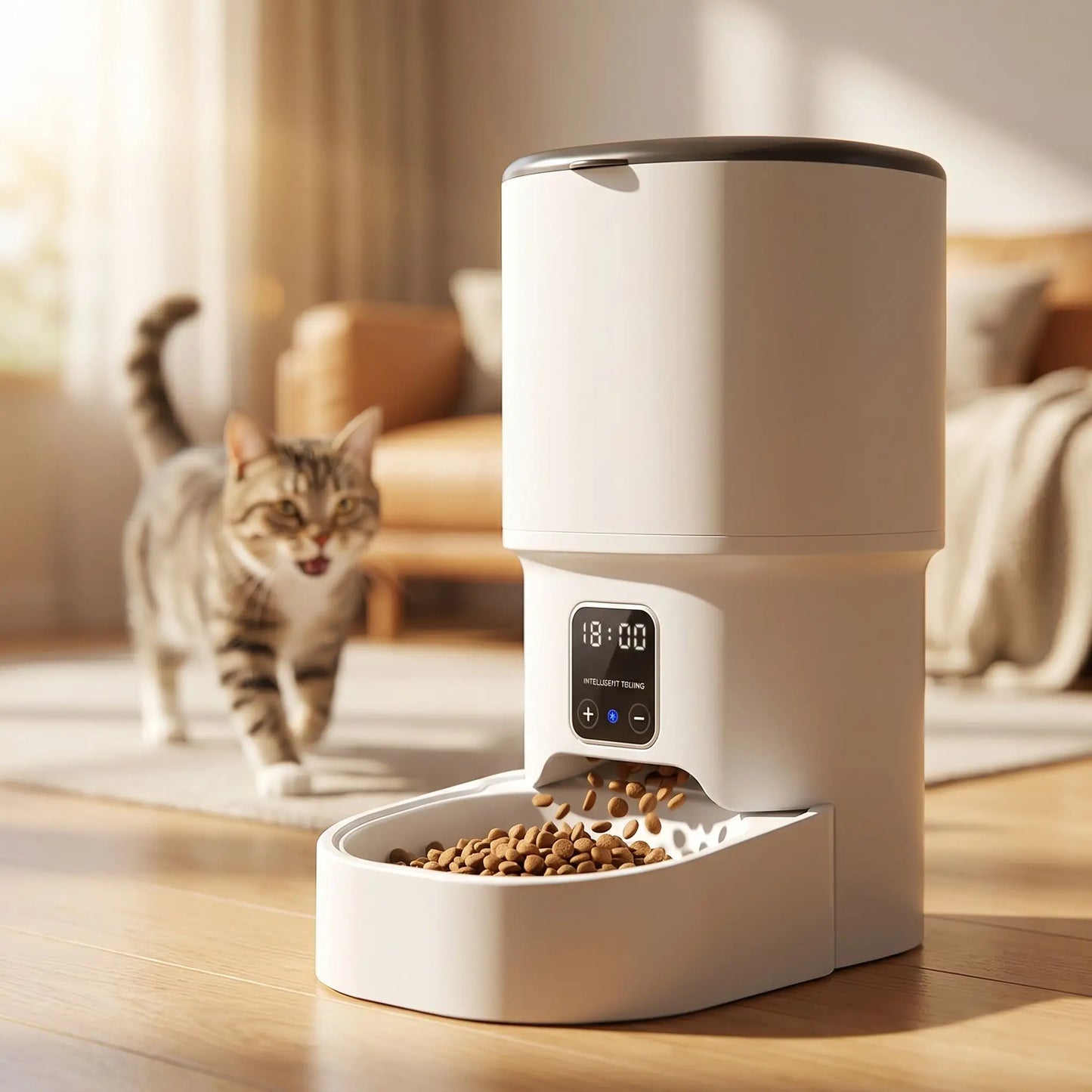 chat approchant du distributeur de croquettes automatique