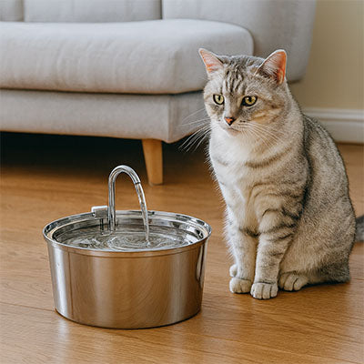 chat assis devant fontaine à eau chat
