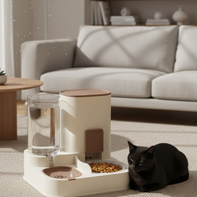 chat assis pres de distributeur croquettes eau chat blanc marron