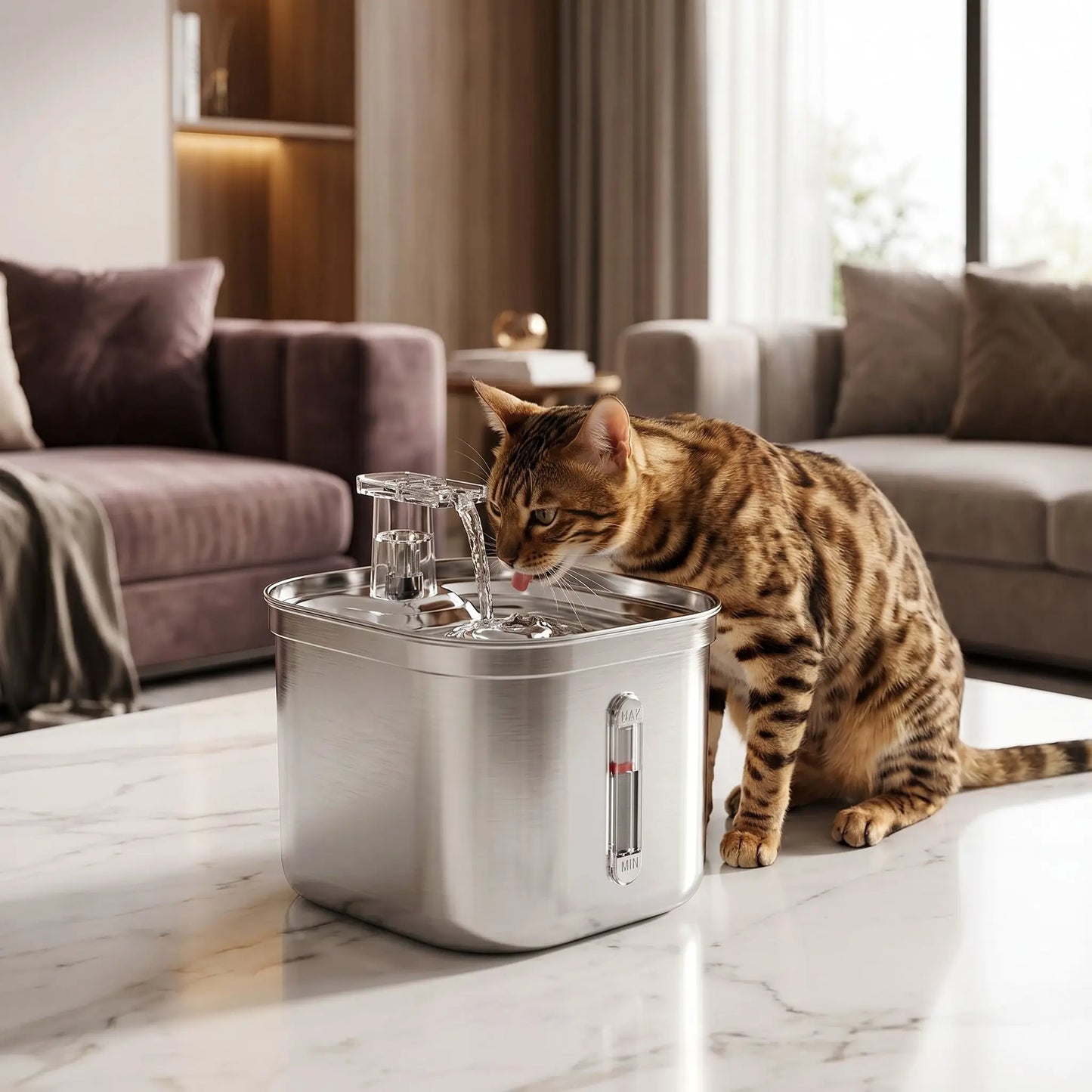 chat bengal boit dans fontaine a eau chat silencieuse