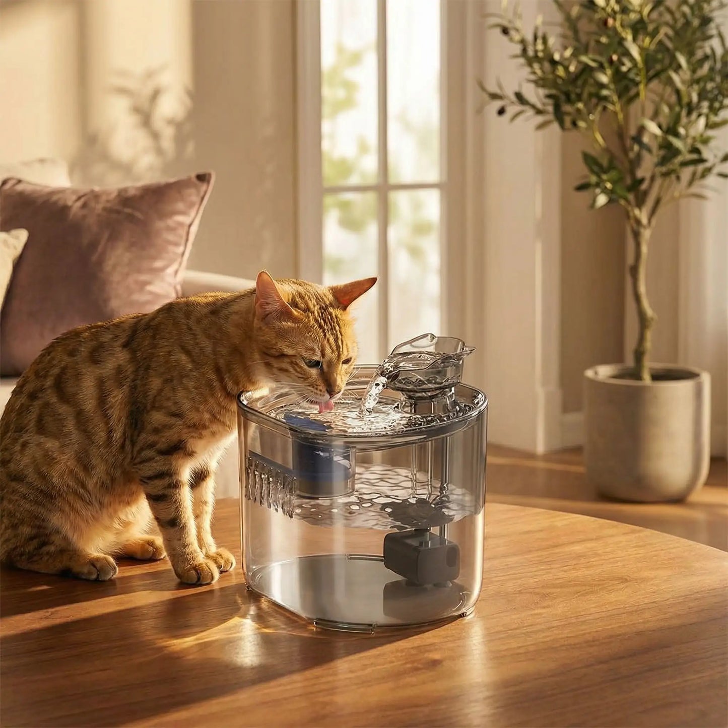 chat bengal boit dans fontaine a eau chat transparente
