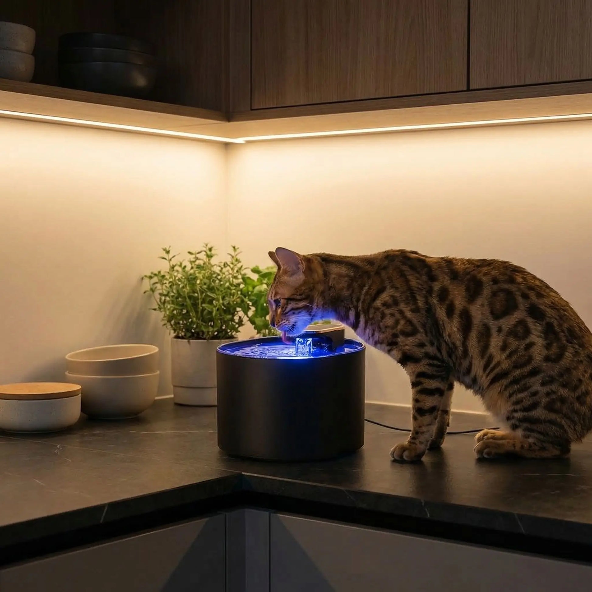 chat bengal boit dans fontaine a eau pour chat noire