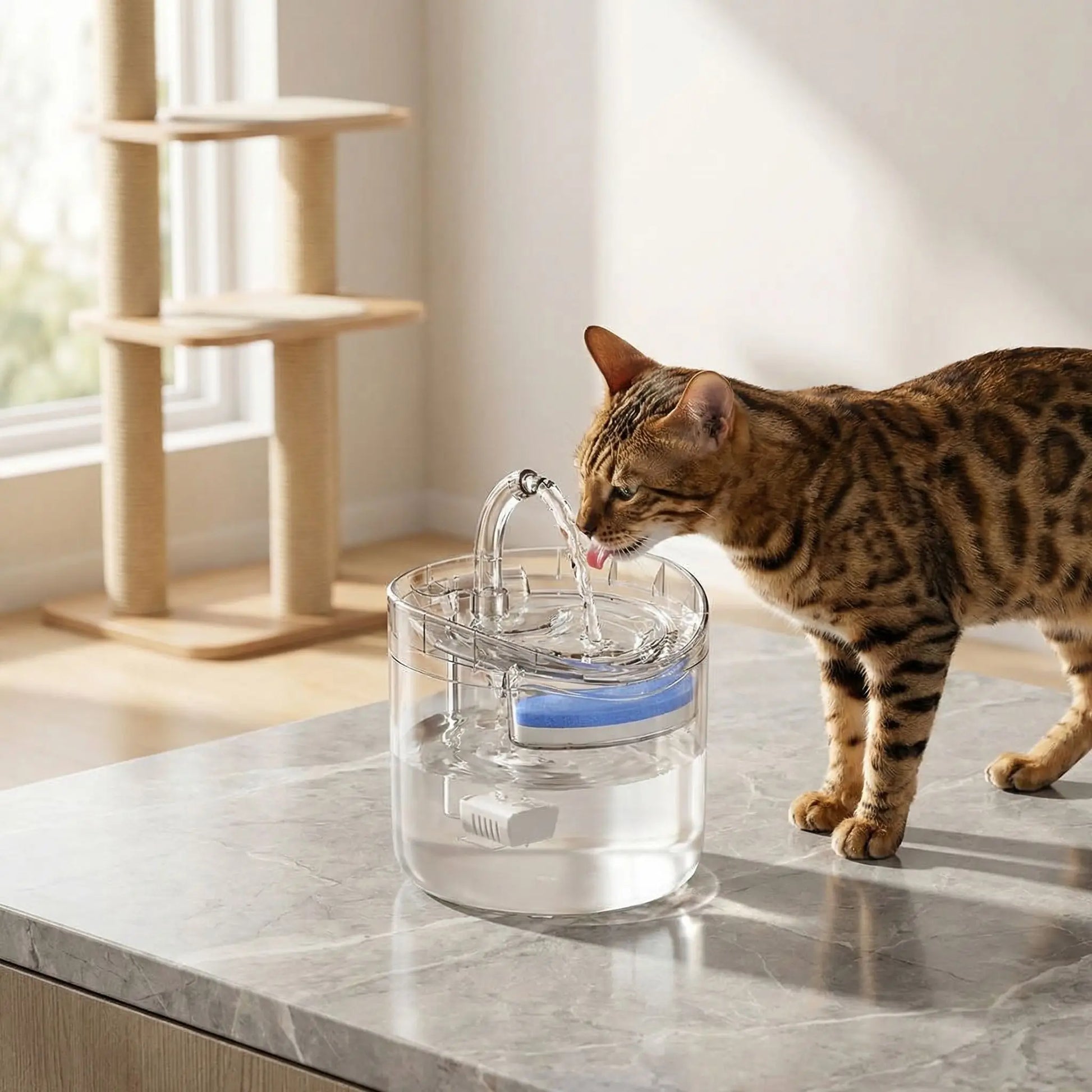chat bengal boit dans fontaine eau chat transparente