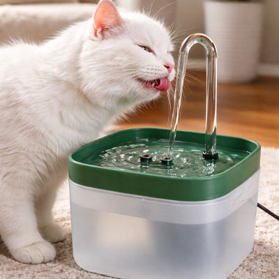 chat blanc boit dans fontaine a eau chat vert fonce
