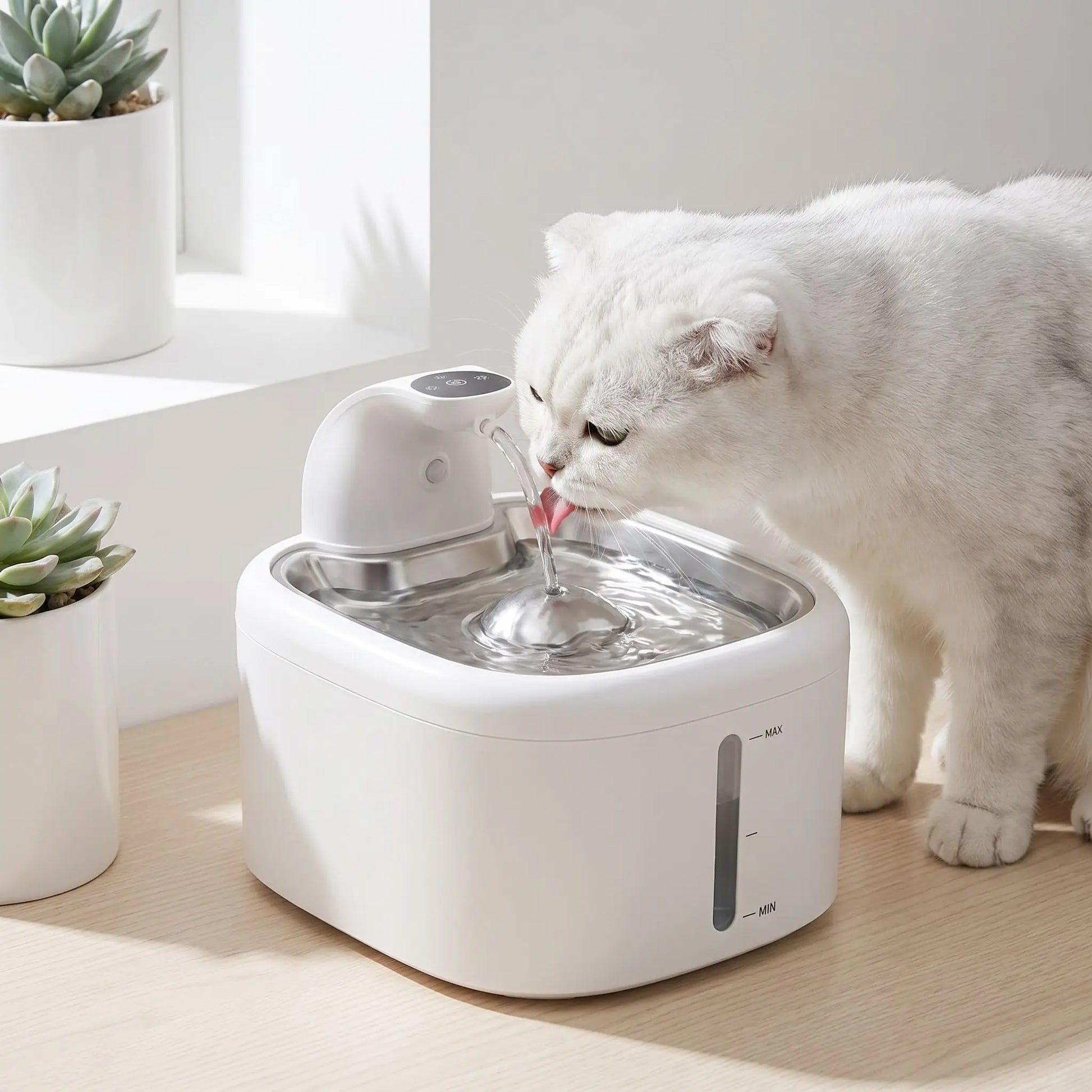 chat blanc boit dans fontaine eau chat sans fil
