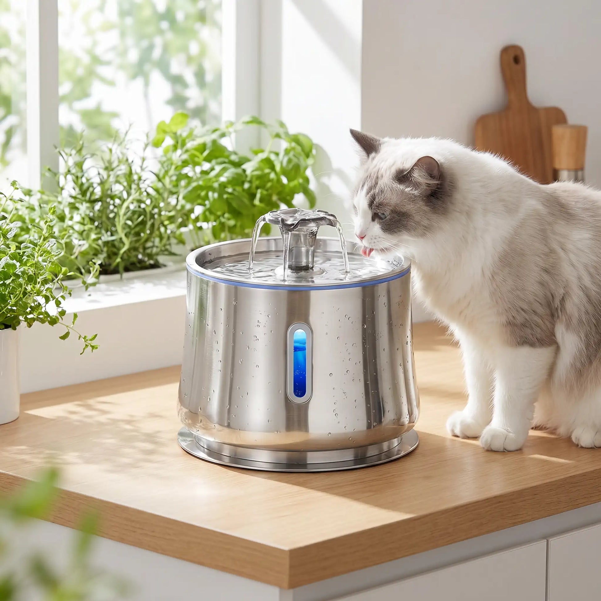 chat blanc buvant dans fontaine eau chat acier