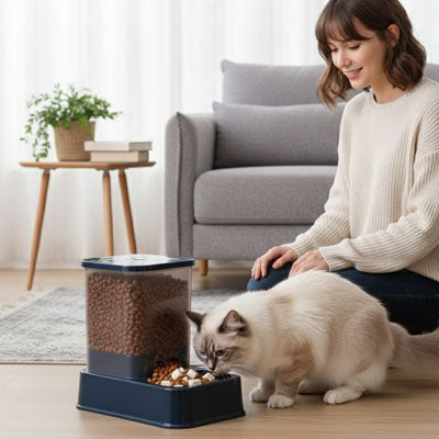 chat blanc devant distributeur de croquettes pour chat
