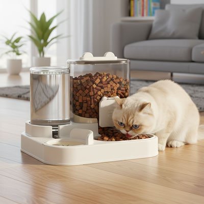 chat blanc mange dans distributeur croquettes eau chat