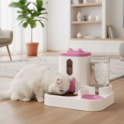chat blanc mange dans distributeur croquettes eau chat rose