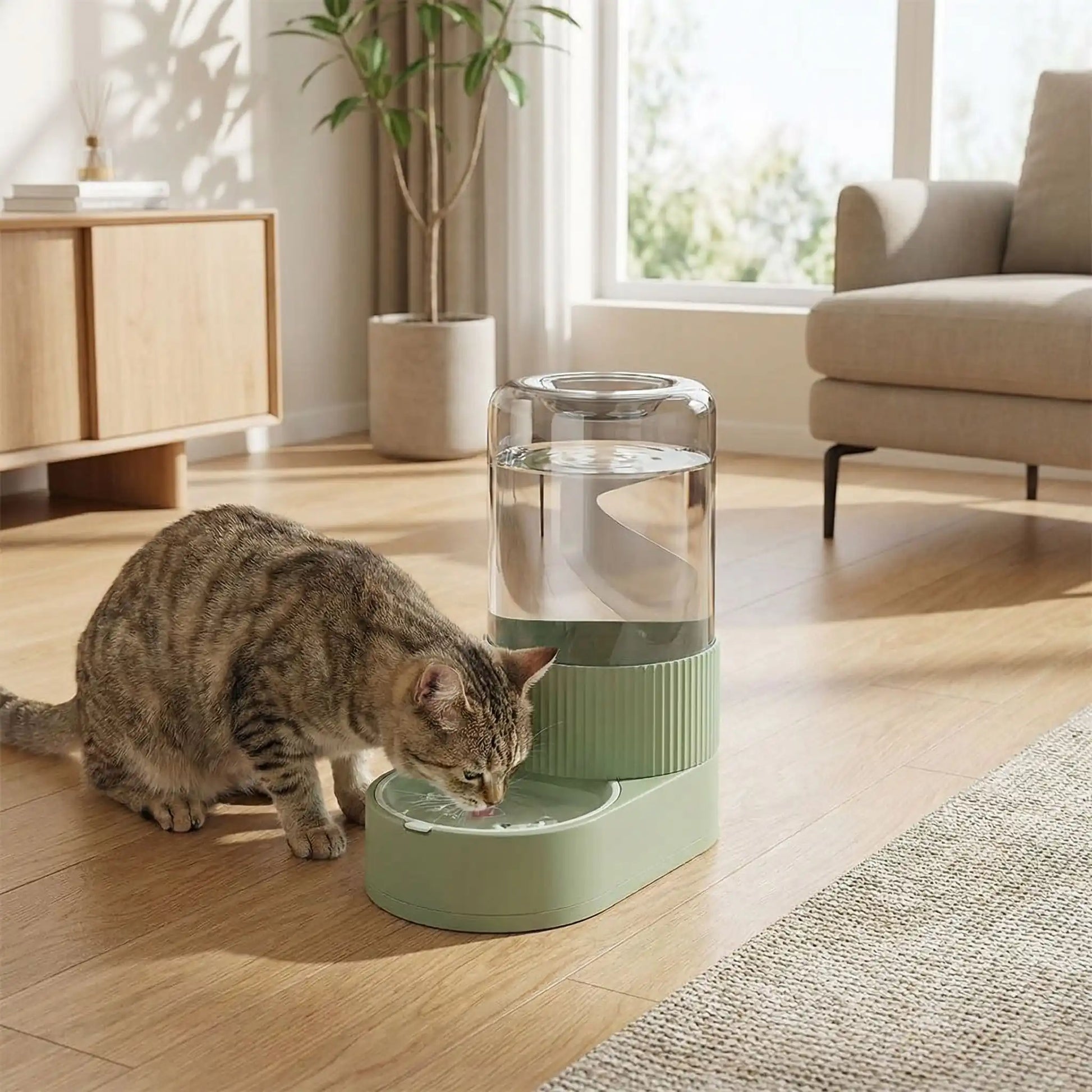 chat boit dans distributeur d'eau pour chat vert dans salon