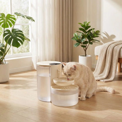 chat boit dans distributeur eau pour chat blanc