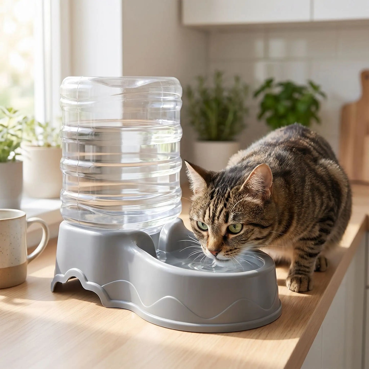 chat boit dans distributeur eau pour chat gris