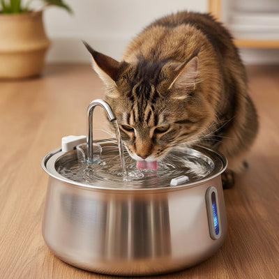 chat boit dans fontaine a eau chat en acier