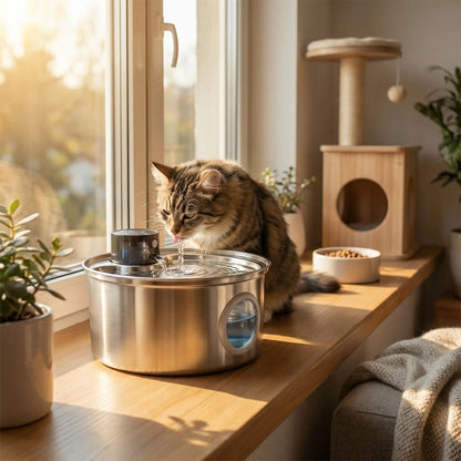 chat boit dans fontaine a eau chat inox intelligente