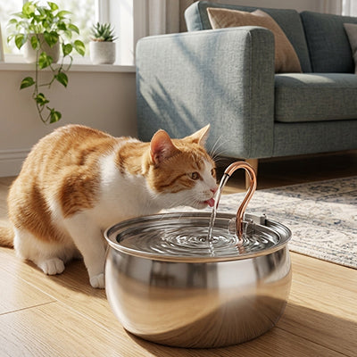 chat boit dans fontaine a eau chat inox