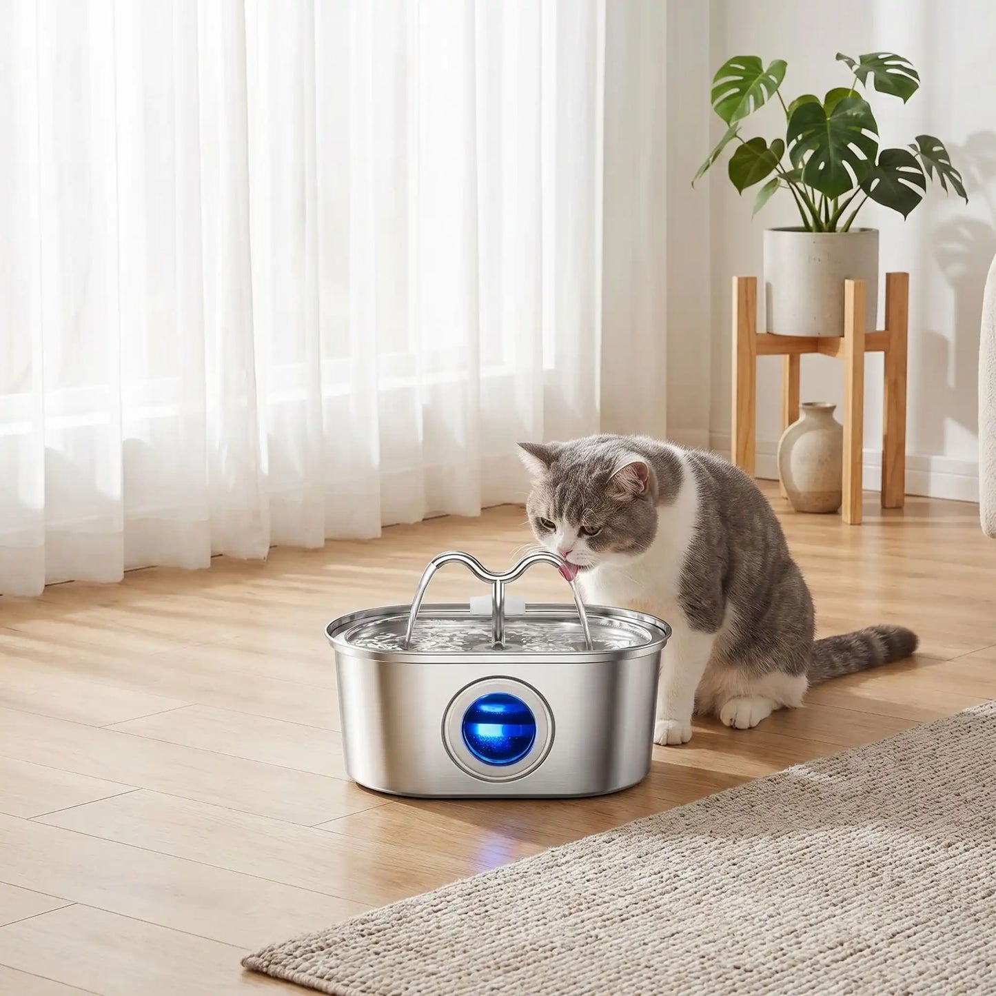 chat boit dans fontaine a eau chat inox