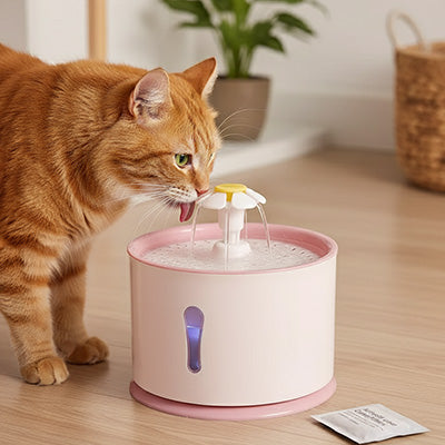chat boit dans fontaine a eau chat rose