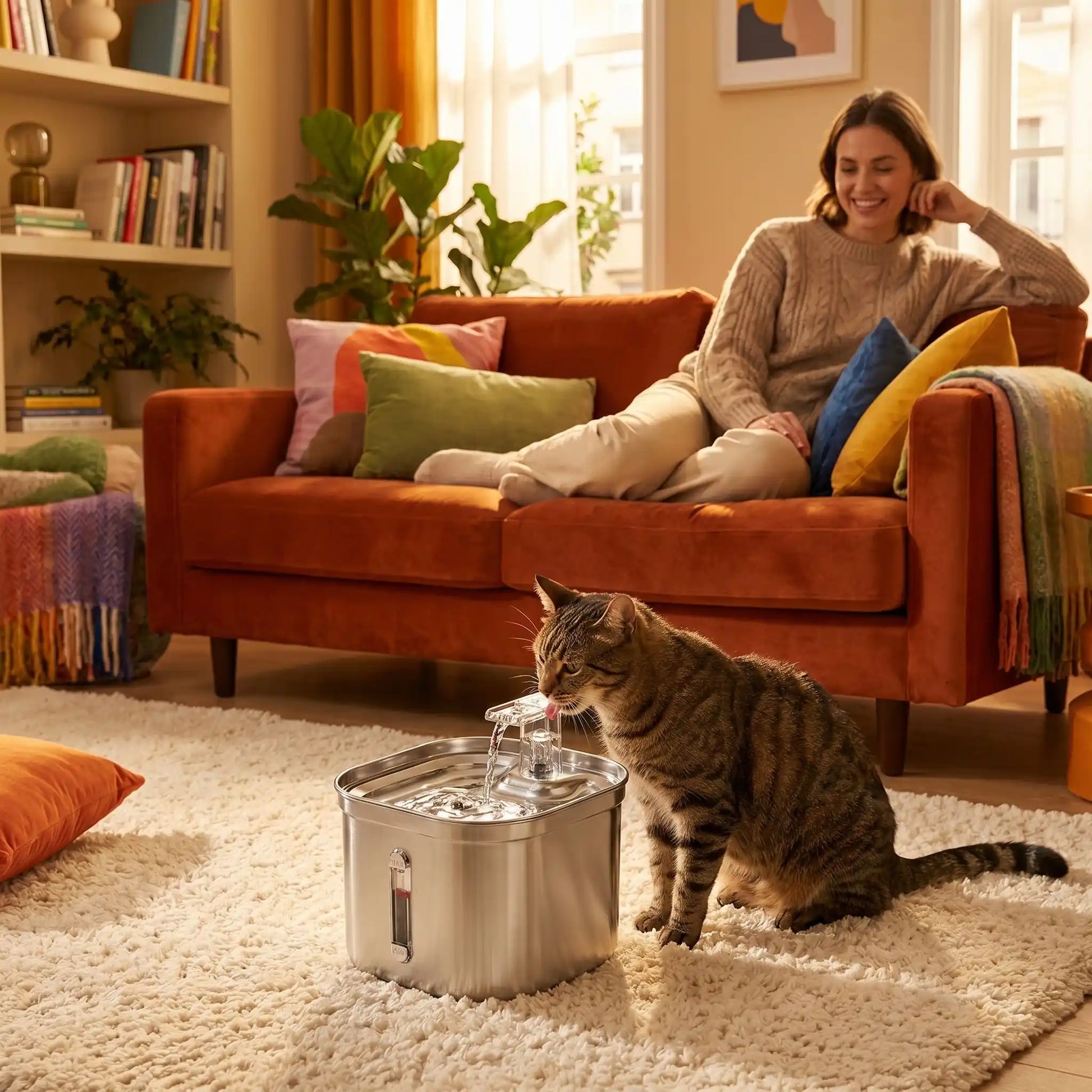 chat boit dans fontaine a eau chat silencieuse avec maitresse