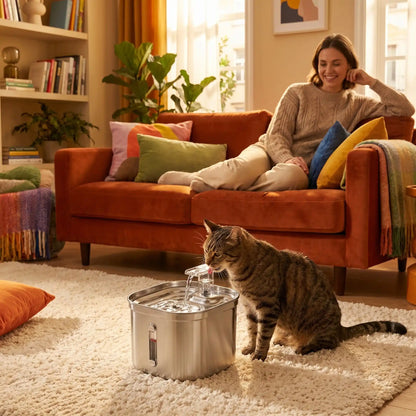 chat boit dans fontaine a eau chat silencieuse avec maitresse