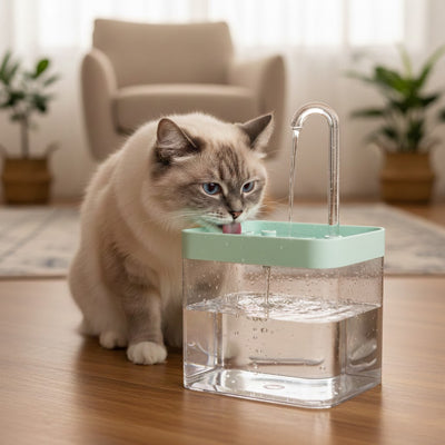 chat boit dans fontaine a eau chat vert clair