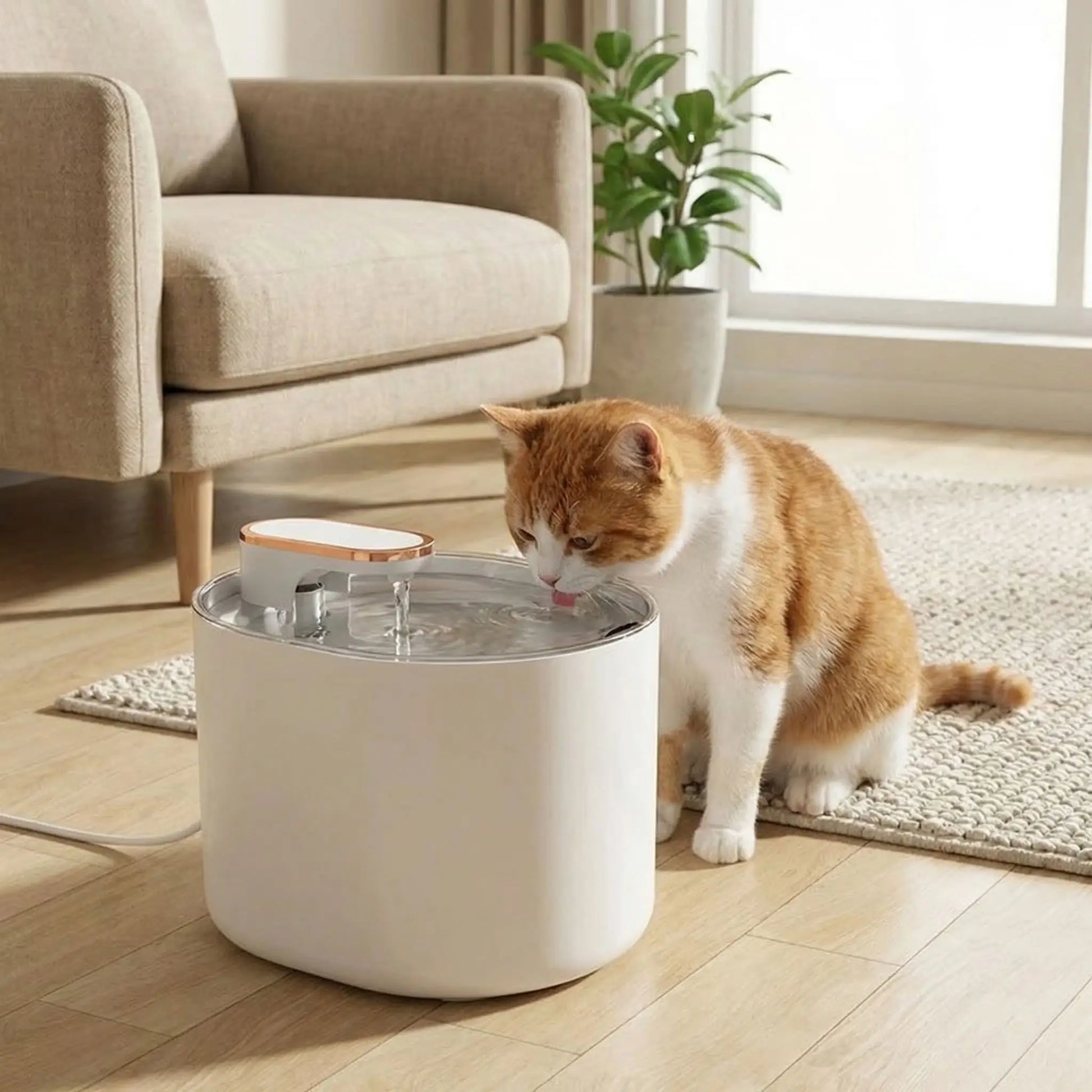 chat boit dans fontaine a eau pour chat blanche